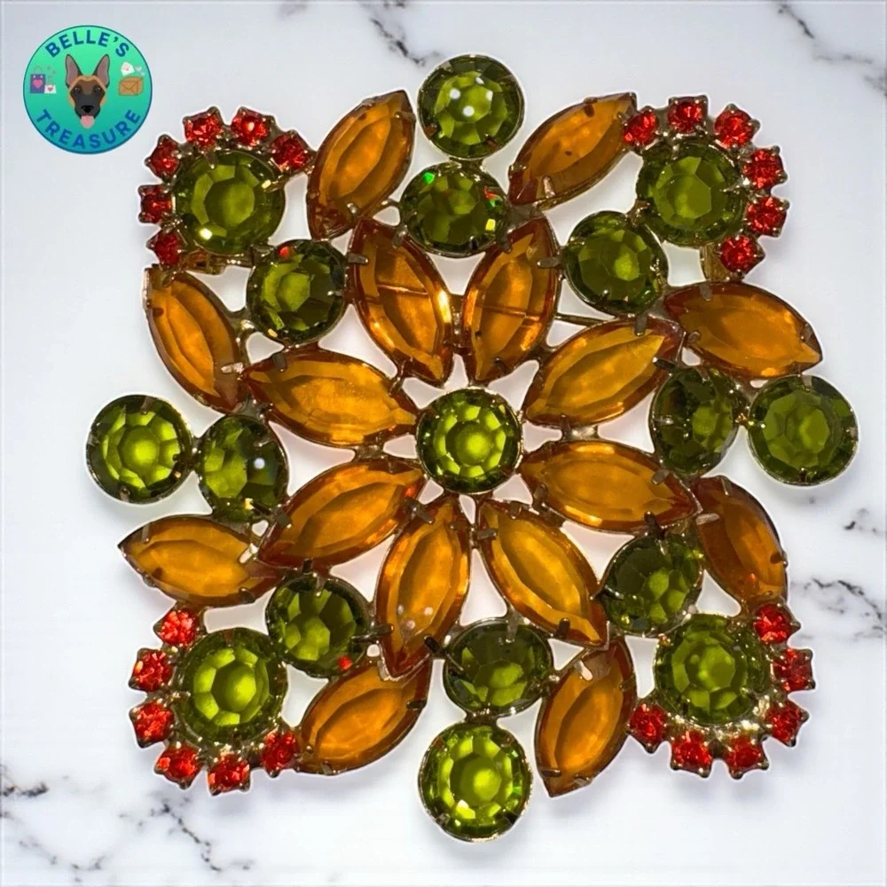 Retro Floral Brooch Orange &‎ Green Rhinestone Gold Tone Pin Mid Century Modern